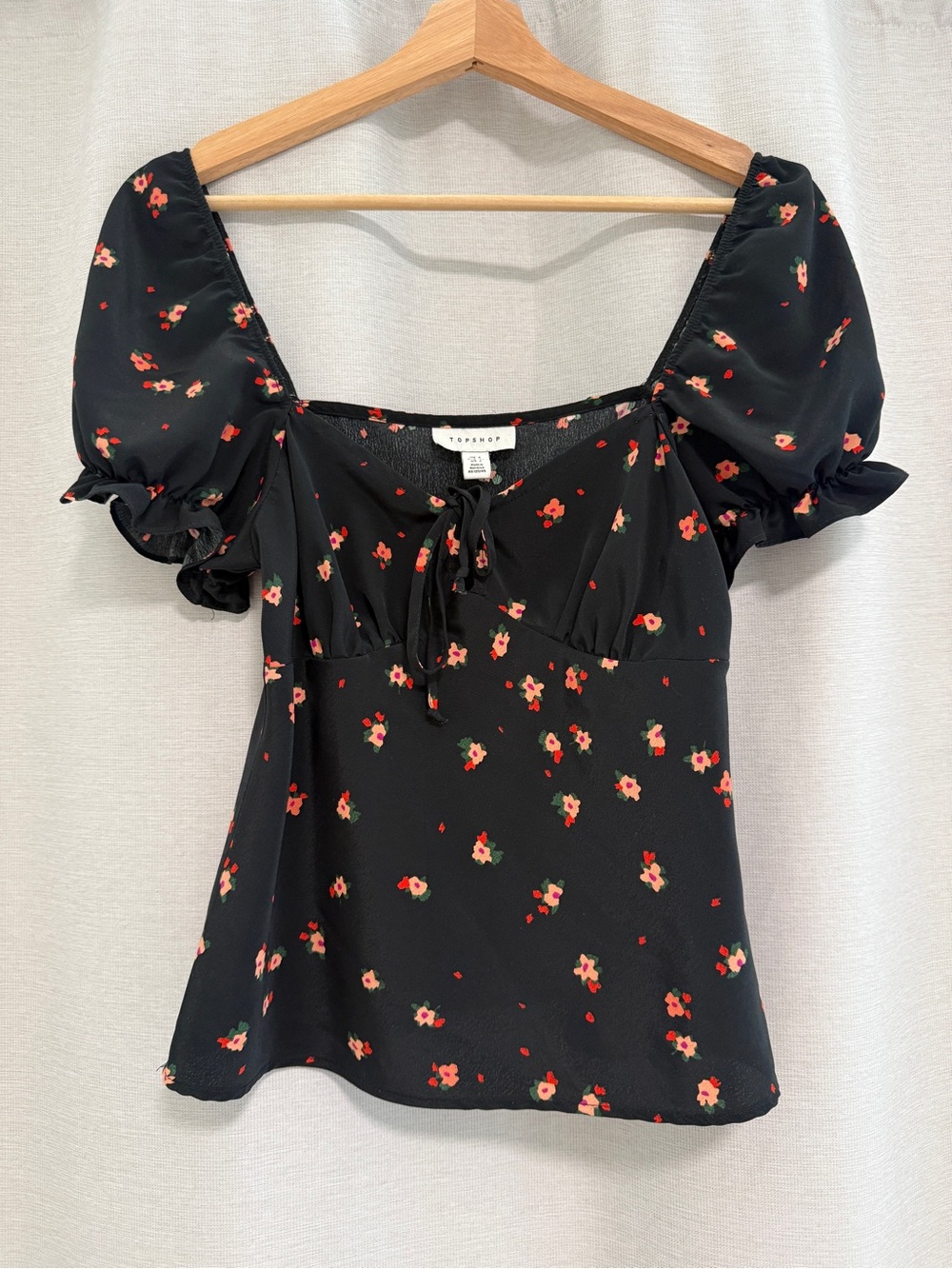 Topshop Black Floral Puff-Sleeve Tie-Front Blouse